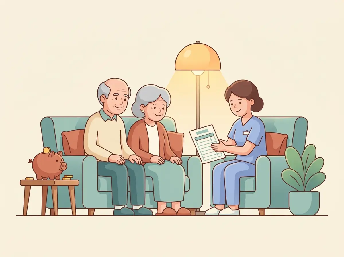 Illustration of a family reviewing a care budget together