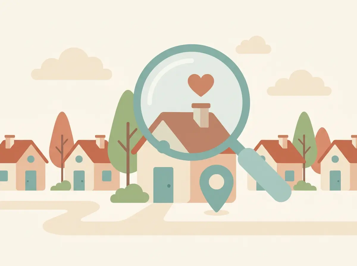 Illustration of a neighborhood with a magnifying glass finding local care