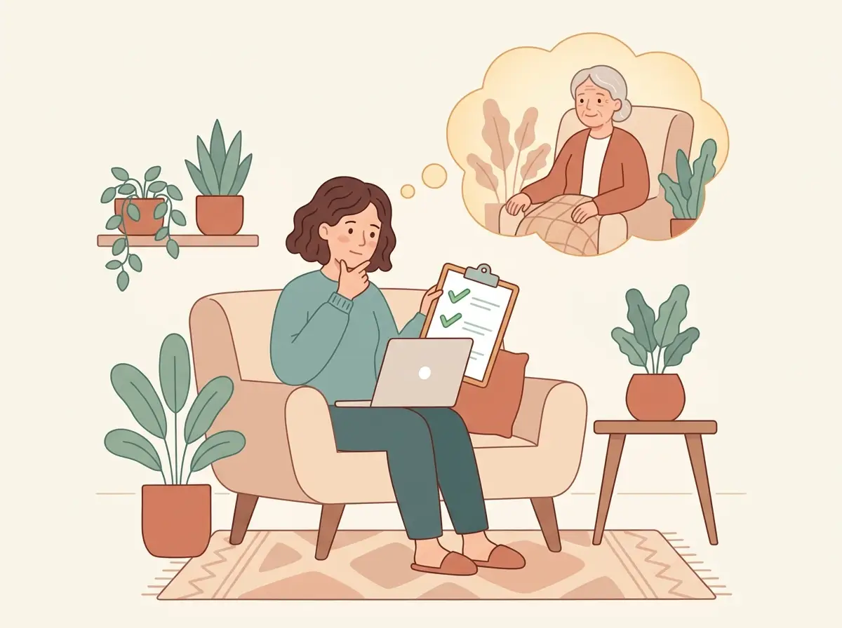 Illustration of a daughter researching care options for her mother