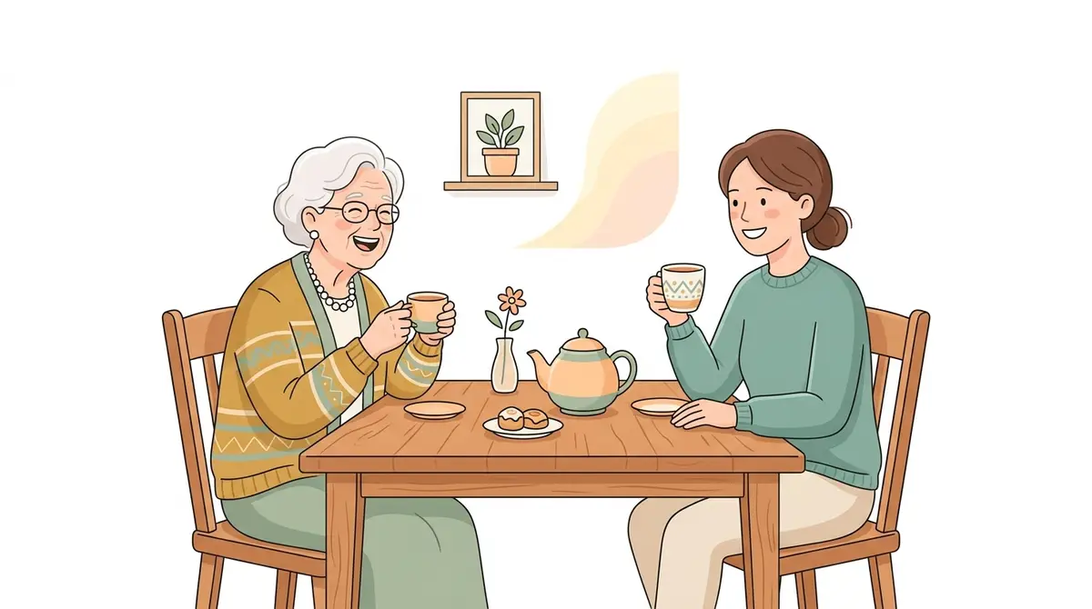 A senior parent and adult child sharing a happy moment together